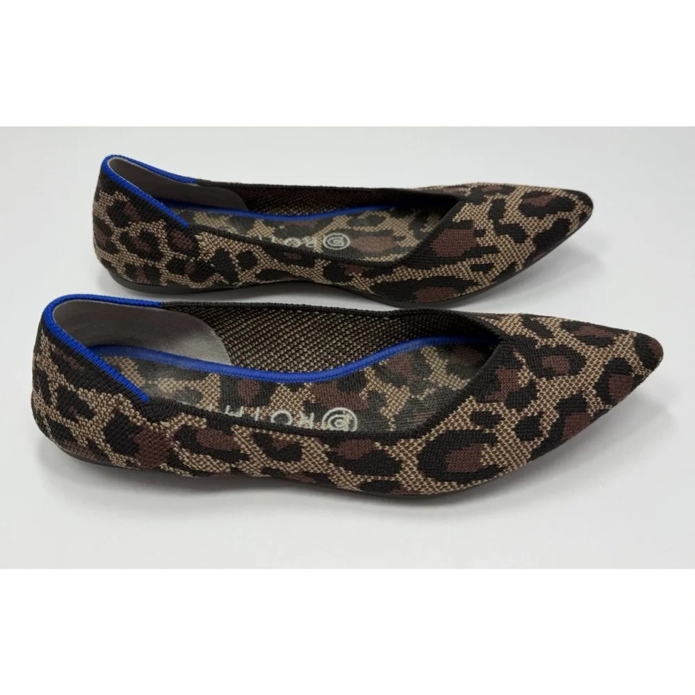 Rothy's Leopard Print Pointed Flats with Blue Trim - Picture 2 of 7